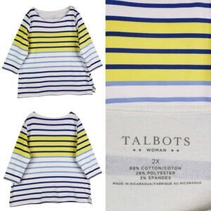 Talbots Shirt Tee Breton Stripe Women’s Plus Size 2X Cotton Blue Yellow